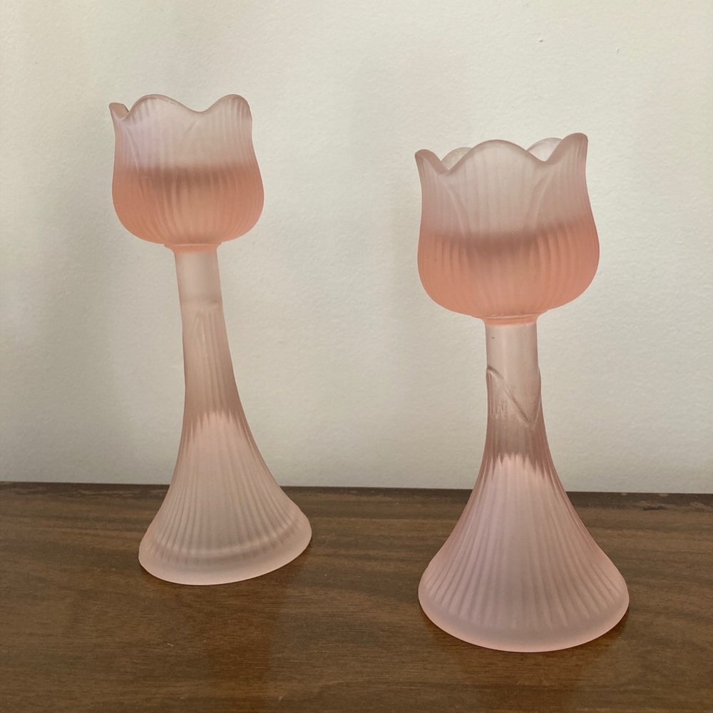 Vintage pink glass candlestick holders